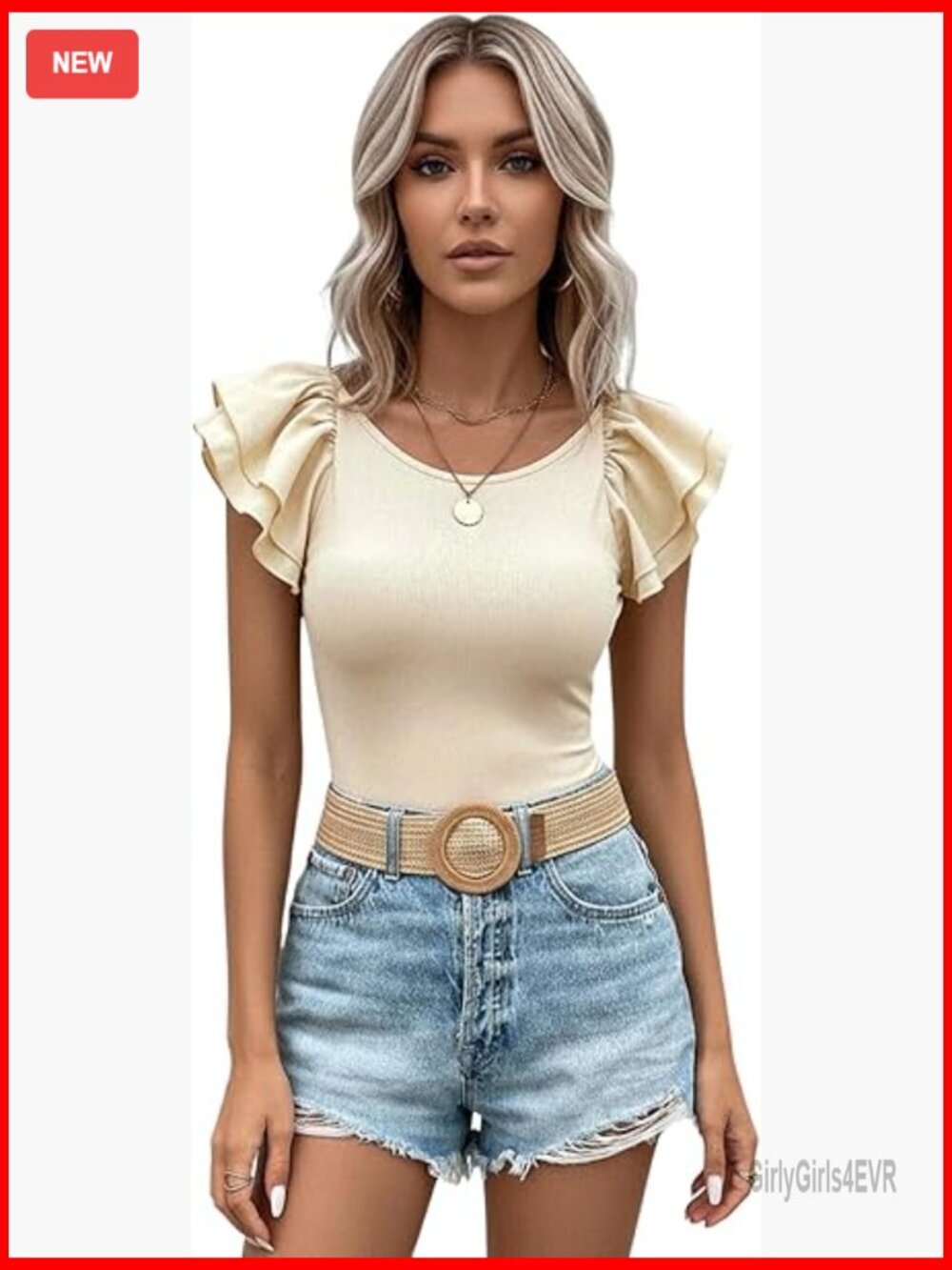 Ruffle Cap Sleeve Crew Neck Ribbed Knit T-Shirt Top